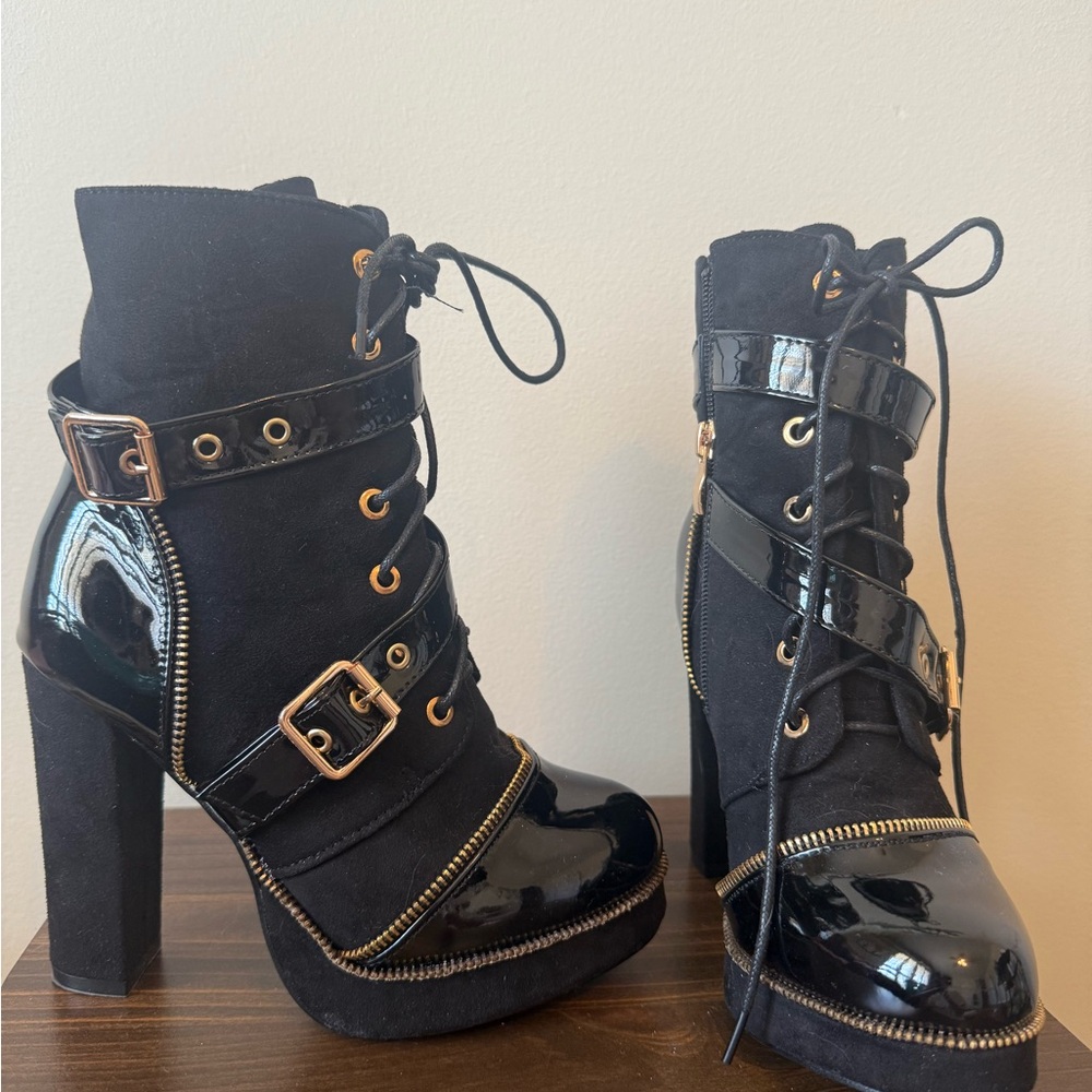 Black Lace-Up Ankle Boots with Gold Accents